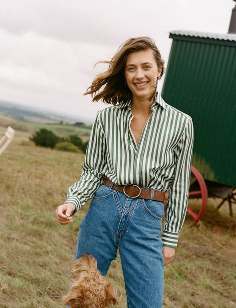 Green Striped Shirt Outfit, White Striped Shirt Outfit, Green Striped Shirt, Outfits With Striped Shirts, Drape Top, The Boyfriend, Draped Top, Slim Trousers, Boyfriend Shirt