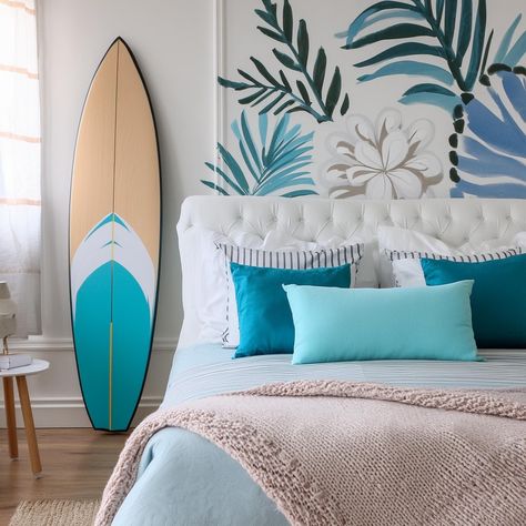 Surf Themed Bedroom Ideas to Inspire Your Teen's Room. Click here for detail: https://www.inspirethemood.com/surf-themed-bedroom-ideas-to-inspire-your-teens-room Unique Guest Bedroom Ideas, Coastal Teenage Girl Bedroom, Slay Bedroom, Preppy Blue Aesthetic, Elsa Bedroom, Ocean Inspired Bedroom, Cool Bedrooms, Bedroom Ideas Beach, Surfer Girl Bedroom