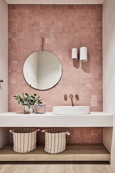 What We're Loving: January Edition – Homies Small Bathroom Redo, Pink Bathroom Tiles, Small Bathroom Paint, Modern Small Bathrooms, Lighting Plan, Remodel Bathroom, Small Bathroom Storage, Bathroom Redo, Bathroom Wall Tile