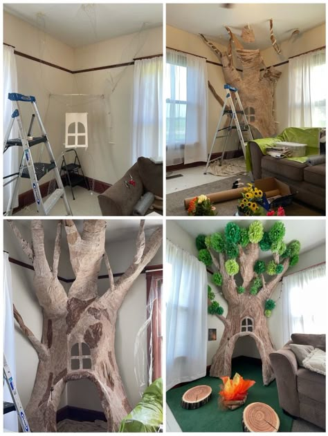 Back to Homeschool Tree House Reading Nook, Diy Indoor Treehouse, Forest Reading Nook, Tree In Corner Of Room, Enchanted Living Room, Playroom Tree, Indoor Treehouse, Secret Garden Nursery, Library Tree