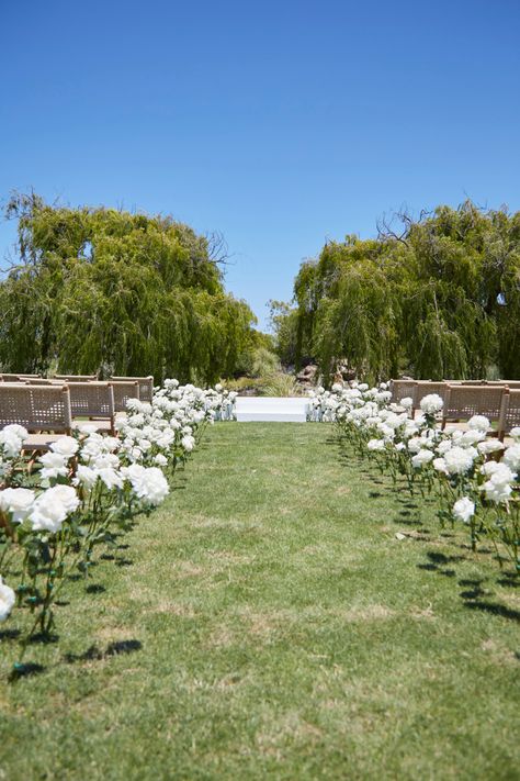 White Roses Down Aisle, Flowers Stuck In Ground Wedding, Flower Path Wedding, Minimalist Wedding Venue Simple, Isle Wedding Decor, Wedding Aisle Arrangements, Wedding Isles Decoration Outdoor, White Flowers Wedding Table, Minimalist Outdoor Wedding