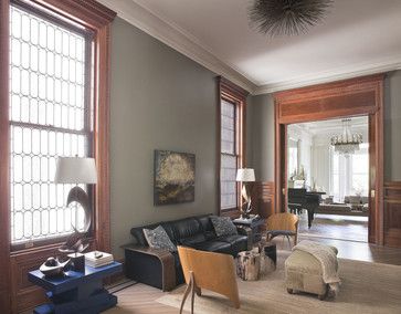 decorating oak woodwork taupe blue  living room | Gray Paint Colors with Wood Trim is Sherwin Williams Unusual Gray. Stained Wood Trim, Dark Wood Trim, Transitional Family Room, Best Wall Colors, Stained Trim, Oak Trim, Revere Pewter, Room Paint Colors, Painting Trim