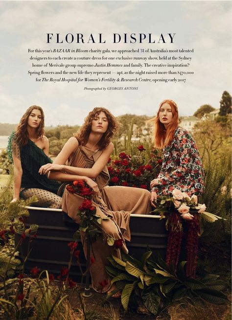 Logan Crosby, Tiggy Ridgway, Elodie Russell, Stephanie Joy Field, Montana Cox and Emma MacGowan photographed by Georges Antoni for Harper's Bazaar Australia, December 2016. High Fashion Photography, David Lee, Fashion Photography Inspiration, Oil Portrait, Heritage Fashion, Floral Display, Harper's Bazaar, Harpers Bazaar, Fashion Editorial