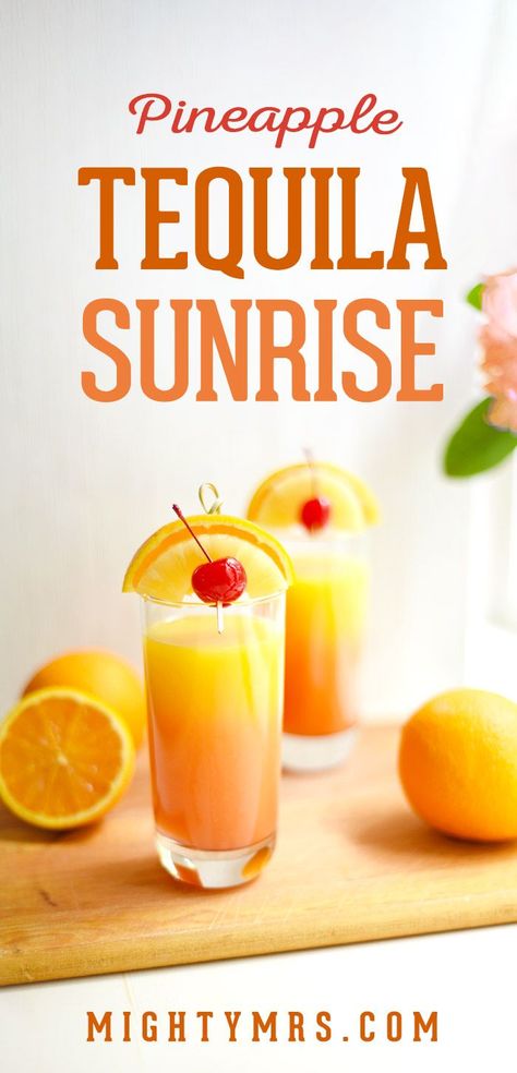 Pineapple Tequila Sunrise - Add a touch of the tropics to the classic tequila sunrise by adding an ingredient to the recipe — pineapple! I'll also show you how to make a fun sunrise garnish using an orange slice, a pineapple slice and a maraschino cherry. Serve and enjoy these easy cocktails at your next party. It's a drink that's familiar yet has a twist for a change of pace, sure to be a big hit! #pineapple #tequila Pineapple Tequila, Tequila Mixed Drinks, Tequila Sunrise Cocktail, Sunrise Cocktail, Easy Alcoholic Drinks, Tequila Drinks, Pineapple Slices, Orange Slice, Tequila Sunrise