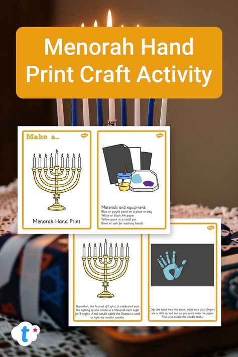 Menorah Hand Print Craft Activity. Hand Prints, Teaching Teachers, Tall Candle, Handprint Crafts, Purple Paint, Key Dates, Craft Activity, One Candle, Fun Craft