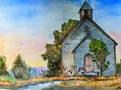 Beautiful giclee print of an old church at sunset. Nestled on the top of a hill in the country with wild roses near the front entrance, you can almost smell the late summer air. Prints are on high quality paper that has a thickness similar to watercolor paper. Choose your size below. Church Wall Art, Northern Lights Painting, Old Country Churches, Church Pictures, Barn Wood Crafts, Harrisburg Pa, Country Church, Christian Symbols, Cottage Art