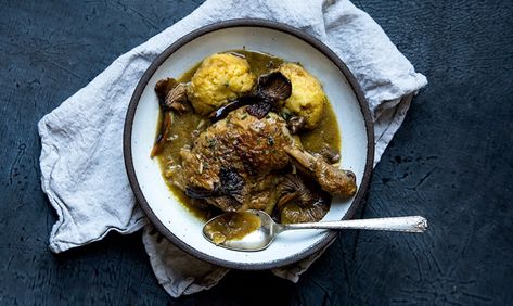 Braised Chicken and Polenta Dumplings with Mushrooms Chicken And Polenta, Eyeswoon Kitchen, Dried Porcini Mushrooms, Chicken Dumplings, Dumplings Recipe, Porcini Mushrooms, Braised Chicken, Culinary School, Chicken And Dumplings