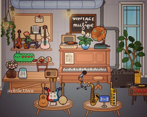 Music Room Toca Boca, Toca Boca Music Room, Toca Boca Store Ideas, Tiny Characters, Guitar Store, Toca Life, Music Store, Vintage Music, Music Room