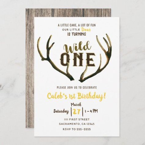 $2.61 | Wild One Deer Antlers Rustic 1st Birthday Party #country #hunting #one #boys #shower #baby #boho #wood #wild #rustic Deer Hunting Birthday, Funny Christmas Party Invitations, Deer Birthday Party, Hunting Birthday Party, Hunting Birthday, Wild One Birthday Invitations, Boys First Birthday Party Ideas, Baby Boy 1st Birthday Party, Wild One Birthday