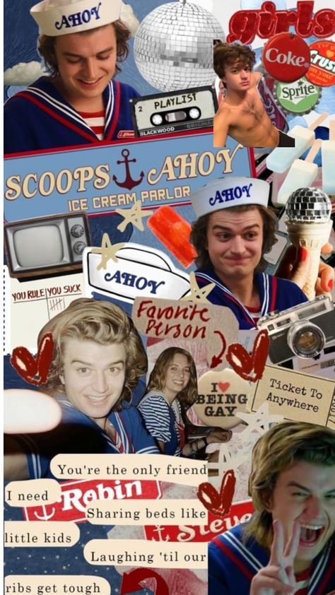 Steve Harrington Collage, Scoops Ahoy Wallpaper, Hot Steve Harrington, Scoops Ahoy Aesthetic, Steve Harrington Scoops Ahoy, Scoops Ahoy Steve, Steve St, Scoops Ahoy, Starnger Things