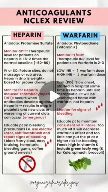 Nursing Assignment Help Service | Nursing Tutor on Instagram: "✨ Heparin vs Warfarin  📽️ Credits @organizednursedesigns  Follow @nursedianamark for more amazing nursing tips, guides and related content. . . #anticoagulant #heart #stroke #heparin #warfarin #pharmacology#anticoagulants #medicine #cardiology #nclex #pharmacy #thrombosis #study #pharmacology #medstudent #anticoagulation #atrialfibrillation #vitamink #rivaroxaban #nursingschool #medicalstudent #studying #usmle #heartfailure #medicinestudent #medical #medschool #usmlestep #cardiovasculardisease #pulmonaryembolism" Cardiovascular Pharmacology Nursing, Heparin Vs Warfarin, Study Pharmacology, Pharmacology Nursing, Atrial Fibrillation, Medicine Student, Nursing School Notes, Nursing Tips, Nursing Education