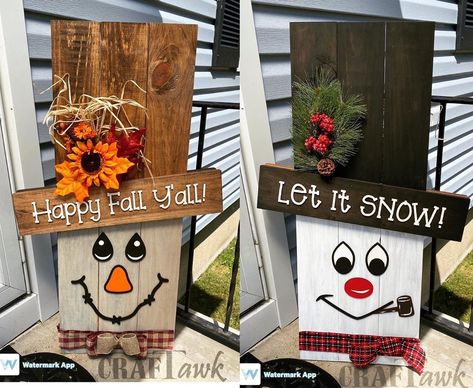 CRAFTawk on Instagram: “This cutie patootie is done and ready for Fall!! Our new REVERSIBLE porch sign is 3 feet tall! This is 1 sign guys! Double sided! Two…” Double Sided Fall Christmas Sign, Reversible Thanksgiving Christmas Sign, Porch Holiday Signs, Fall Wooden Outdoor Decor, Diy Wooden Scarecrow For Porch, Double Sided Signs Diy, Porch Scarecrow Diy, Diy Reversible Holiday Porch Signs, Halloween Wood Porch Signs