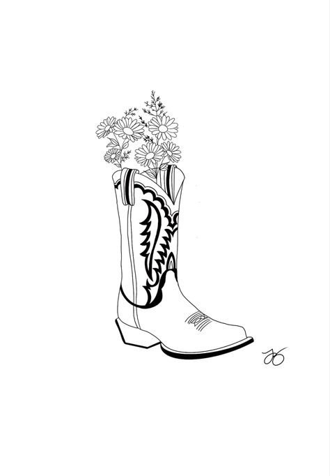 Cowboy Boot Tattoo Outline, Cowboy Boot Sketch Simple, Cowboy Boot Sketch, Cowboy Boot With Flowers Tattoo, Cowboy Boot Outline, Cowboy Boots Tattoo, Cowboy Boots Drawing, Cowboy Boot Tattoo, New Beginning Tattoo