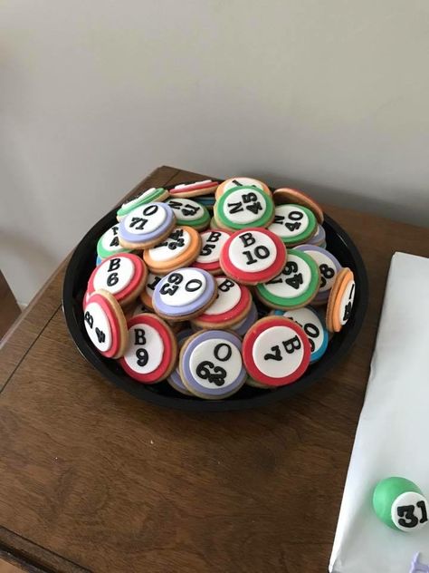 Bingo Cookies Decorated, Bingo Snacks Ideas, Bingo Cake Pops, Bingo Night Decorations, Bingo Party Food, Bingo Decorations Ideas, Bingo Themed Party Ideas, Bingo Birthday Party Theme, Bingo Party Ideas