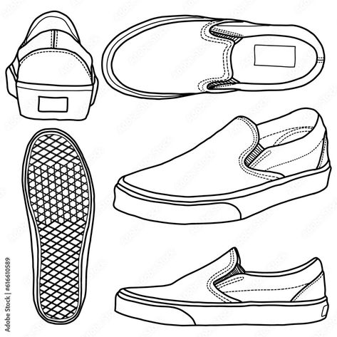 Template vector sneaker Slip On, suitable for your custom slip on sneaker design, outline vector doodle illustration, front, back, side and top view, isolated with white background Van Drawing, Design Outline, Vector Doodle, Shoe Sketches, Sneaker Design, Shoes Drawing, Line Art Design, Doodle Illustration, Vans Slip On