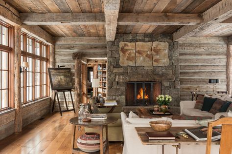 A Snowy Cabin in the Woods - Mountain Living Mountain Lodge Living Room, Snowy Cabin In The Woods, Cozy Cabin In The Woods, Snowy Cabin, Timber Frame Barn, Hand Hewn Beams, Central Building, Sky Home, Home On The Range