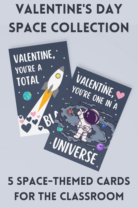 These cool Valentine's Day cards for kids are space-themed and perfect for the classroom. Featuring stars, planets, astronauts, rockets, and more. The back of each card includes customizable text where you can add your child's name. Space Themed Valentines, Cards For Kids, Valentine's Day Cards, Space Theme, Kids Cards, Valentine Day Cards, The Classroom, Kid Names, Valentines Cards