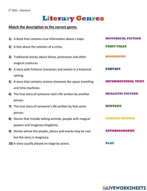 Literature Worksheets High School, Story Elements Worksheet, Genre Activities, Literary Genres, Bad Case Of Stripes, English Grammar Exercises, Grammar Exercises, Study English, Literary Genre