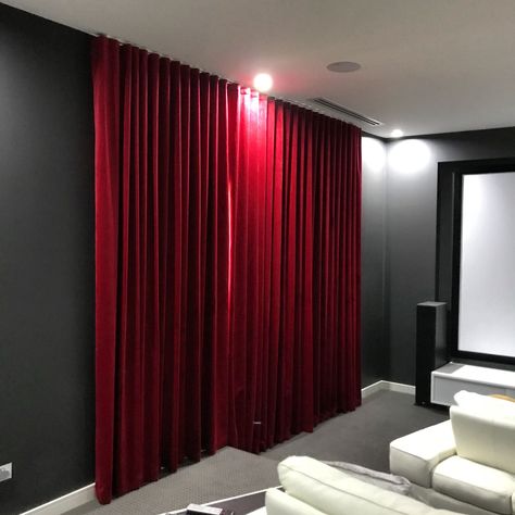 Curtains on side walls? | AVS Forum Theater Curtains, Home Theater Curtains, Floor To Ceiling Curtains, Fabric Covered Walls, Theatre Curtains, Theater Room Design, Stage Curtains, Home Cinema Room, Ceiling Curtains