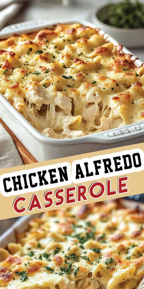 Chicken Alfredo Casserole Ingredients: 3 cups cooked chicken, shredded 12 oz pasta (penne or rotini works well) 2 cups Alfredo sauce (store-bought or homemade) 1 1/2 cups mozzarella cheese, shredded 1/2 cup Parmesan cheese, grated 1/2 cup heavy cream 2 tablespoons unsalted butter 1/2 teaspoon garlic powder 1/2 teaspoon onion powder Salt and pepper to taste 1 tablespoon chopped fresh parsley (optional, for garnish) #Chicken #Alfredo #Quickrecipe Chicken Breast Alfredo Recipes, Chicken Alfredo Penne Pasta, Chicken Penne Alfredo, Jar Alfredo Sauce, Chicken Breast Casserole Recipes, Chicken Breast Casserole, Heavy Cream Recipes, Alfredo Casserole, Chicken Alfredo Casserole