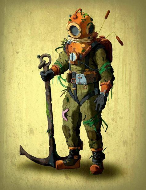 tatt Deep Sea Diver Character Design, Dnd Inspired Tattoos, Scooba Diver, Diving Wallpaper, Vintage Deep Sea Diver, Diver Illustration, Deep Sea Diving Suit, Deep Sea Diver Art, Diver Art