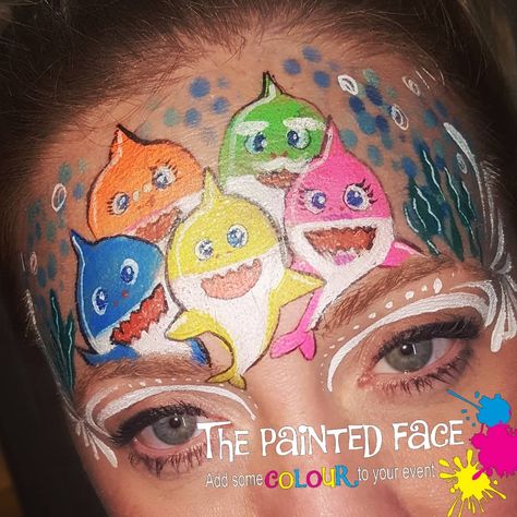 Baby Shark Face Paint Baby Shark Face Paint, Face Painting Mermaid, Boy Face Paint, Shark Face Paint, Shark Makeup, Face Paint Party, Mermaid Face Paint, Face Art Painting, Painting Mermaid