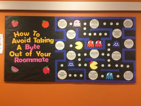 My winter term 2017 first bulletin board about roommate conflict! This term's theme is Pacman if you could not tell Ra Bulletin Boards Roommate Conflict, Roommate Conflict Bulletin Board, Roommate Bulletin Board Ra, Roommate Bulletin Board, Ra Passive Programs, Res Life Programs, Hall Themes, Rez Life, Dorm Bulletin Boards