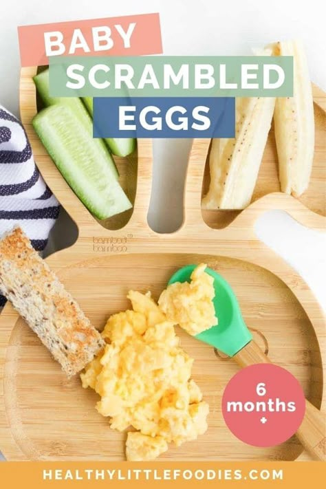 Learn how to cook scrambled eggs for babies with top tips on how to make them fully cooked but soft and fluffy, not dried and brown. Includes information on when to serve eggs to babies, the nutritional benefits and serving suggestions. Egg Recipe For Baby, How To Serve Eggs To 6 Month Old, Scrambled Eggs For Baby, Blw Eggs, Scrambled Eggs Healthy, Baby Solids, Solid Starts, Recipe For Baby, Easy Scrambled Eggs