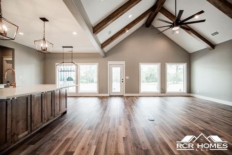 Double Vaulted Ceiling, Cathedral Ceiling Beam Ideas, Cathedral Ceiling Living Room And Kitchen, Beamed Ceilings Vaulted, Vaulted Ceiling Open Floor Plan, Low Vaulted Ceiling Living Room, Modern Farmhouse Vaulted Ceiling, 10ft Ceiling Living Room, Partially Vaulted Ceiling