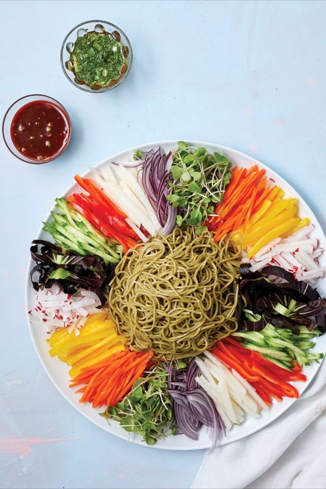 Noodle Salad Cold, Julienned Carrots, Buckwheat Noodles, Cold Noodles, Noodle Dish, Cooking Chicken To Shred, Korean Dishes, Soba Noodles, Toasted Sesame Seeds