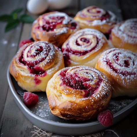 Raspberry Custard Buns, Raspberry Biscuits, Raspberry Buns, Raspberry Custard, Raspberry Bread, Custard Buns, Morning Bun, Vintage Baking, Doughnut Recipe