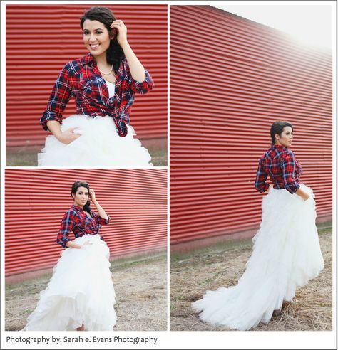 i love this idea. will definitely be wearing a flannel or denim shirt over my dress for our wedding. Blue Jean Wedding, Plaid Wedding Dress, Flannel Wedding, Holiday Hoedown, Wedding Dresses Country, Plaid Wedding, Jeans Wedding, Dresses Country, Engagement Photos Country