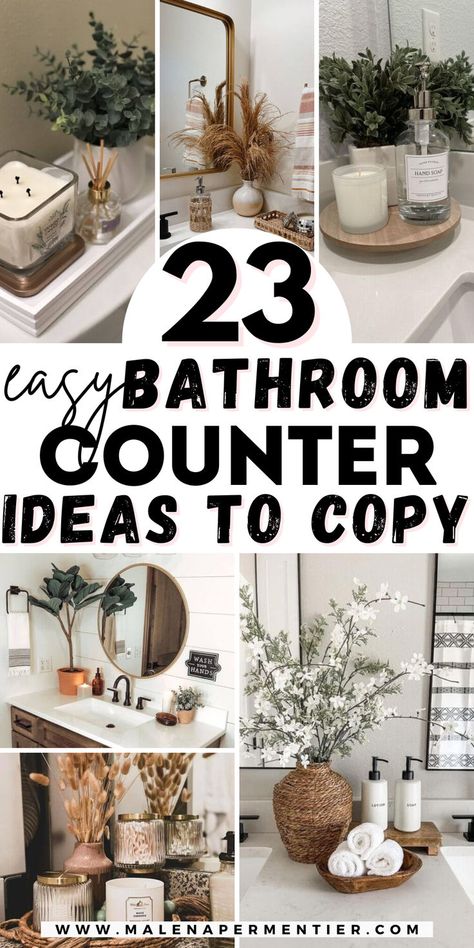 bathroom counter vanity ideas Styling Bathroom Vanity Counter Tops, Cute Bathroom Sink Decor, Bathroom Double Vanity Decor, Double Sink Counter Organization, Tray Bathroom Decor, Bathroom Corner Decor Ideas, His And Hers Sink Decor Ideas, Bathroom Vanity Top Organization, Double Sink Decor Ideas