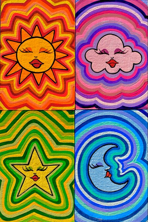 Trippy Drawing Ideas Colorful, Small Bedroom Mural, Cartoon Art Easy, Aesthetic Canvas Painting Easy, Easy Posca Art, Hipster Painting, Hippie Art Ideas Simple, Hippie Painting Ideas Easy, Cuadros Aesthetic