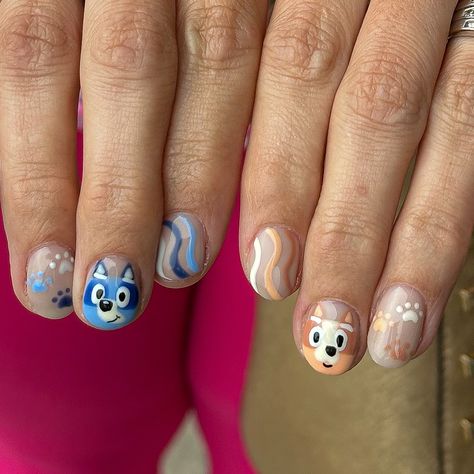 I’m so proud of these, I’m screaming😭 her son’s birthday party was this weekend, can you guess what the theme was??😉💙✨ . #nails #nailday #nailartdesign #nailinspo #nailinspiration #bluey #blueynails #birthdaynails #nailsnailsnails #michigannails Bluey Nails Design, Bluey Nail Art Designs, Blippi Nails, Alvin And The Chipmunks Nails, Bluey Themed Nails, Gabby Dollhouse Nails, Cartoon Themed Nails, Bluey And Bingo Nails, Bluey Nail Ideas For Kids