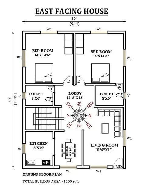 30’x40’ East facing house plan is given as per vastu shastra in this Autocad drawing file. Download now. - Cadbull 34 X 40 House Plans, East Facing House Plan Vastu 30x40 Duplex, 40 60 House Plans India East Facing, 30×60 East Facing House Plan, 60×40 House Plans East Facing, House Planning Ideas Layout, 30 X 60 House Plans Layout East Facing, 60×40 House Plans, 30 60 Feet House Plan East Facing