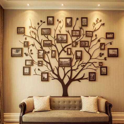 15 Beautiful Wall Tree Decorations You Will Love Wall Tree Art, Family Tree On Wall Ideas, Picture Tree Wall, Family Tree Decor For Walls, Family Tree Photo Wall Ideas, Family Tree Wall Ideas, Family Tree Wall Painting, Family Tree Wall Art, Family Tree Photo