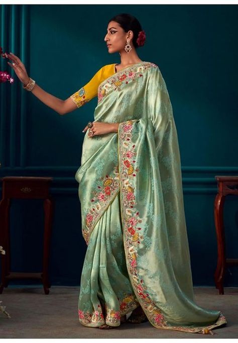 Mint Green Pure Banarasi Kanjivaram Silk Embroidered Saree Saree Traditional Look, Saree Traditional, Traditional Silk Saree, Traditional Look, Ghagra Choli, Green Saree, Trendy Sarees, Kanjivaram Sarees, Work Sarees