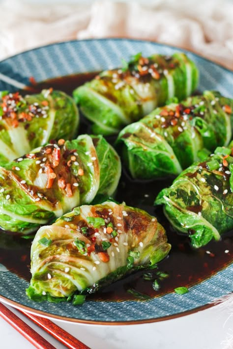 Vegan Napa Cabbage Rolls with Tofu Stuffings Rice Stuffed Cabbage Rolls, Napa Cabbage Rolls, Napa Cabbage Recipes, Vegan Dumplings, Stuffed Cabbage Rolls, Stuffed Cabbage, Vegan Asian, Napa Cabbage, Cabbage Rolls