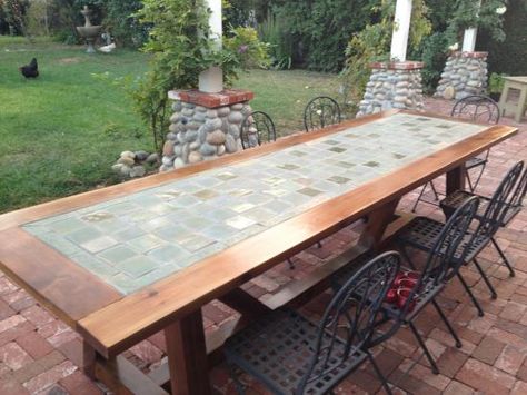 Learn how to build a tile-top Provence outdoor dining table! FREE plans and tutorial! Tile Patio Table, Diy Patio Table, Tile Tables, Restoration Hardware Inspired, Diy Outdoor Table, Tile Table, Mesa Exterior, Table Top Design, Patio Dining Table