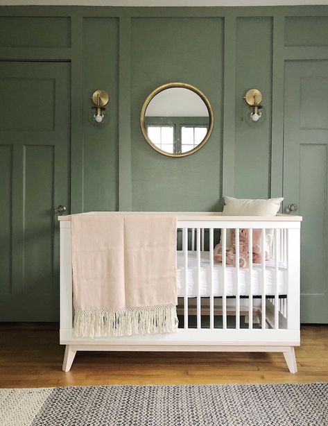 Privilege Green by Sherwin Williams Nursery Paint Colors, Nursery Accents, Nursery Accent Wall, Nursery Trends, Stylish Nursery, Nursery Modern, Green Nursery, Nursery Paintings, Green Paint Colors