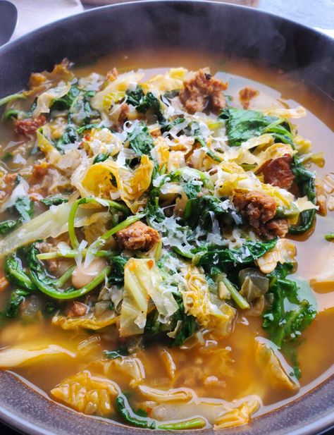 Italian White Bean Cabbage Sausage Soup, Cauliflower Sausage Kale Soup, Kale Cabbage Soup, Cabbage Soup With Italian Sausage, Cabbage Kale Soup, Sausage Cabbage Soup Crockpot, Cabbage And Kale Soup Recipes, Kale And Cabbage Soup, Cabbage And Sausage Soup Recipes