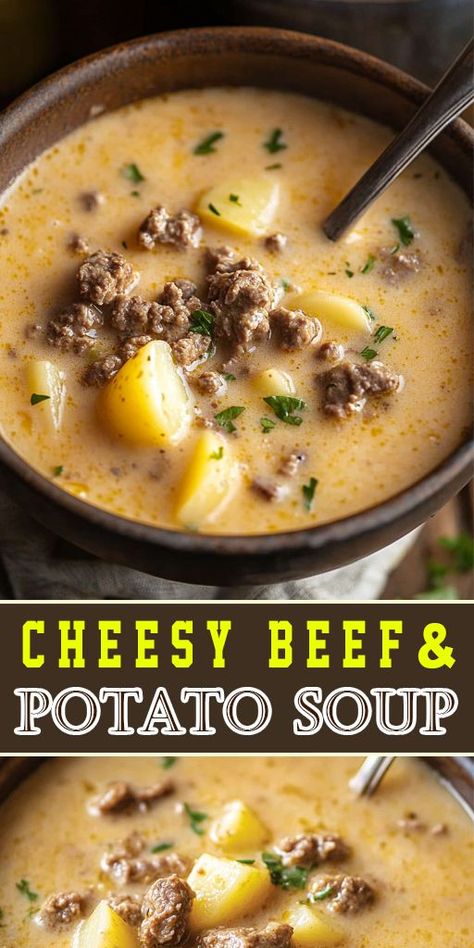 🌟 Looking for a cozy dinner idea? Try this Cheesy Beef and Potato Soup – creamy, delicious, and ready in just one pot! 🥄 #FamilyFavorites #BeefAndPotatoSoup #QuickMeals Beef And Potatoes Stew, Cheesy Beef And Potato Soup, Mexican Beef And Potato Soup, Potato Soup With Protein, Easy Soup Recipes Instant Pot, Beef And Potatoes Crock Pot, Potato And Beef Recipes, Soup Recipes With Beef, Beef Potato Soup