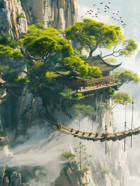 Chinese Fantasy Art Landscape, Elf Minecraft, Dusk Elf, Chinese Fantasy Art, Fantasy Art Landscape, Asian Home Design, Chinese Home, Art Chinois, Chinese House