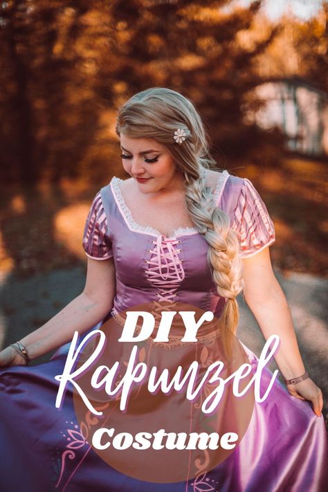 A photo of a girl dressed in a rapunzel costume from the movie Tangled. The text on top reads DIY Rapunzel Costume. Rapunzel Costume Pattern, Rapunzel Dress Pattern Sewing, Diy Rapunzel Costume Women, Rapunzel Costume Diy, Diy Rapunzel Costume, Rapunzel Costume Women, Rapunzel Costume Adult, Tangled Dress, Tangled Costume