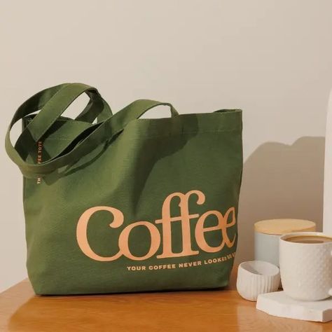 Coffee Tote Bag Design, Eco Friendly Cafe, Tea Moodboard, Eco Packaging Design, Eco Bag Design, Branded Merch, Coffee Tote Bag, Coffee Bag Design, Handpainted Tote Bags