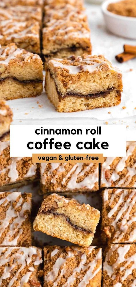 This cinnamon roll coffee cake recipe is vegan, gluten-free friendly, dairy-free, and eggless! The sweet cake is filled with a brown sugar swirl, cinnamon streusel crumble, and vanilla glaze drizzle. It’s so quick and easy to make compared to homemade cinnamon rolls. Enjoy this vegan baked good as a breakfast treat, for brunch, or dessert. It’s great for holidays, parties, and celebrations! #coffeecake #cinnamonrolls #veganbaking #vegancake #cinnamonroll #vegancoffeecake #eggless #veganbaker Coffee Cake Vegan, Cinnamon Roll Coffee Cake, Cinnamon Roll Coffee, Vegan Gluten Free Breakfast, Baked Good, Vegan Baking Recipes, Vegan Baked, Cinnamon Streusel, Coffee Cake Recipe