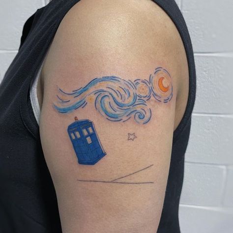 Sherry on Instagram: "Starry Night and Tardis for Prama, thank you for the trust!! . . . #yyctattoo #starrynight #vangoghtattoo #starrynighttattoo #tardis #tardistattoo #colourtattoo #calgaryarts" Van Gogh Tardis, Starry Night Tattoos, Subtle Doctor Who Tattoo, Doctor Who Tattoo, Starry Night Tattoo, Dr Who Tattoo, Tardis Tattoo, Van Gogh Tattoo, Swirl Tattoo