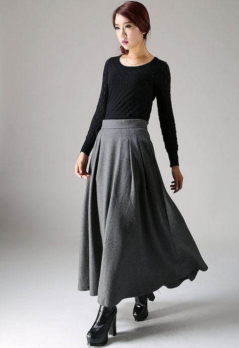 Gray Winter Wool Skirt Long Pleated Grey Skirt with by xiaolizi A Line Maxi Skirt, Long Skirt Winter, Pleated Skirt Pattern, Skirt Pattern Easy, Maxi Skirt Winter, Long Wool Skirt, Grey Pleated Skirt, Skirt Winter, Skirt A Line