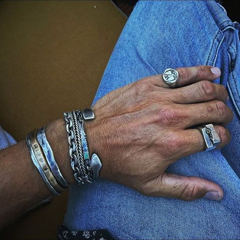 BUCK PALMER on Instagram: "Clean , sleek and Rustic. Silver jewelry made for the masculine man, adventurous spirits and Mavericks who live outside the box. #Buckpalmer #Rusticluxe #cleansleekrustic #silver #premiummetals #metalsforthemodernmavericks #choosethebest #mensjewelry #mensfashion" Masculine Jewelry For Men, Men With Bracelets, Silver Jewellery Men, Buck Palmer, Mens Jewelry Silver, Masculine Man, Masculine Jewelry, Bohemian Style Men, Rustic Bracelet